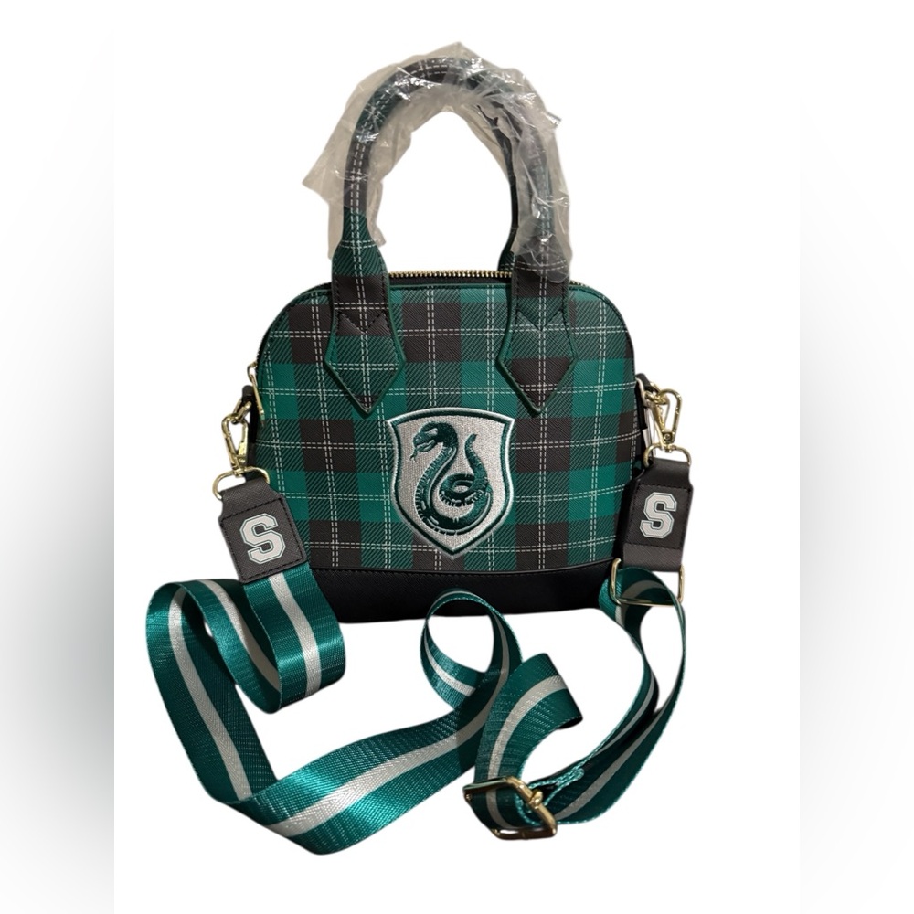 NWTS Loungefly Harry Potter Slytherin Patch Varsity Plaid Crossbody Bag, Multi - Picture 12 of 12